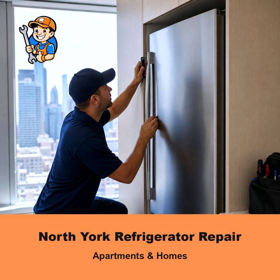 Technician repairing a refrigerator in a North York condo kitchen