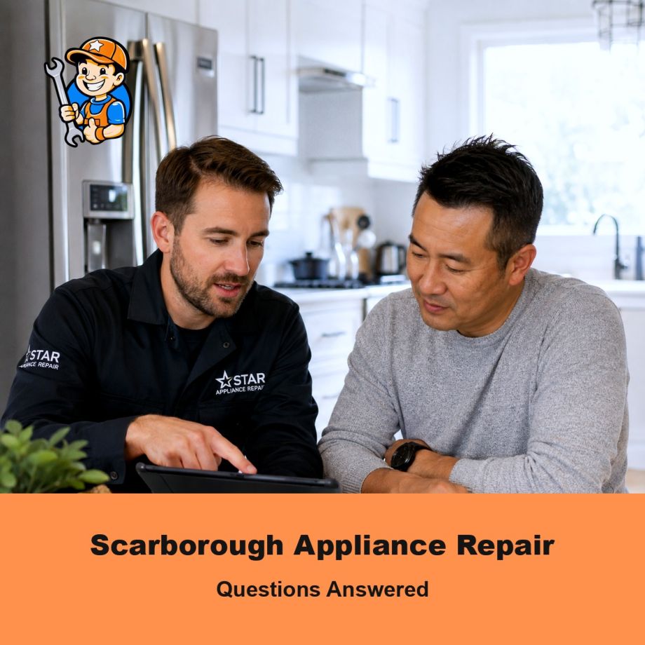 Technician answering appliance repair questions for a Scarborough homeowner