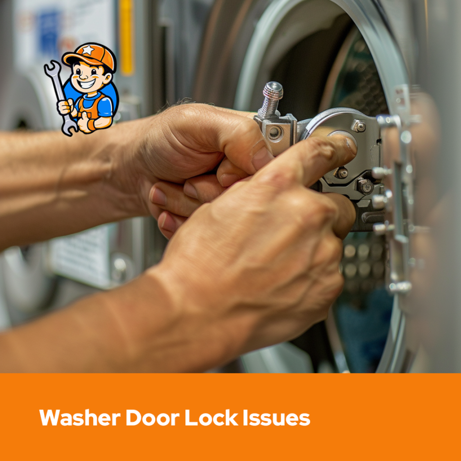Professional appliance repair technician diagnosing a washer with sensor malfunction preventing door locking.