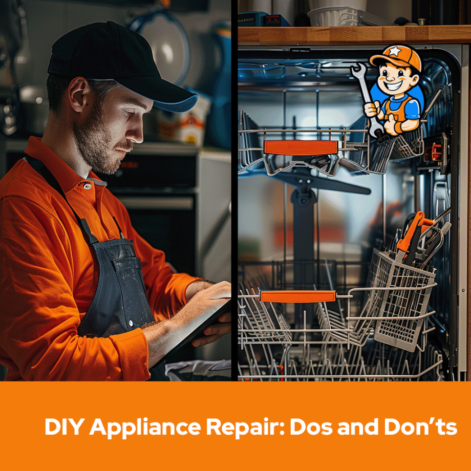 a star appliance repair technician in an orange shirt and black hat does diagnostic of a dishwasher