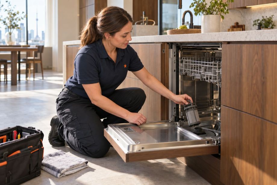 Technician removing the filter combination from an integrated dishwasher in a Toronto kitchen