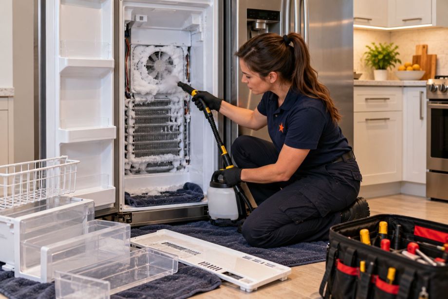 Technician steaming ice off the evaporator fan and coils inside a side-by-side freezer in a Toronto kitchen