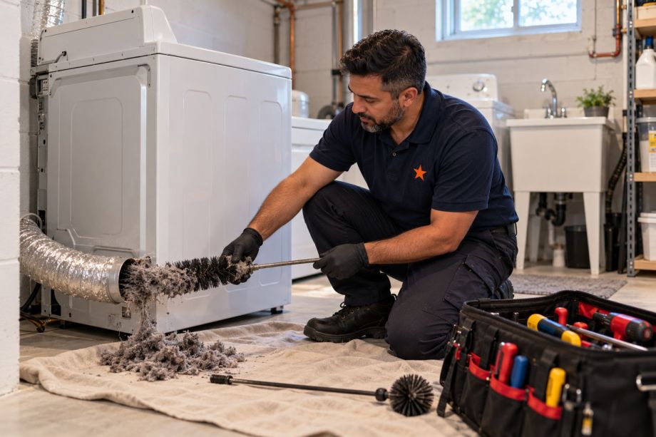 Technician clearing lint from a clogged dryer vent duct in a Toronto basement laundry room