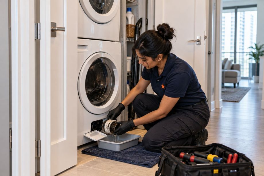 Technician servicing a stacked compact washer and dryer in a Toronto condo laundry closet