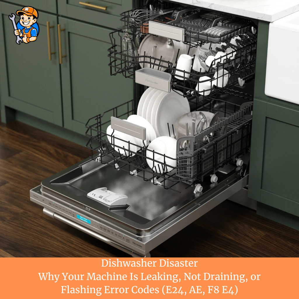 Dishwasher Disaster: Why Your Machine Is Leaking, Not Draining, or Flashing Error Codes (E24, AE, F8 E4)