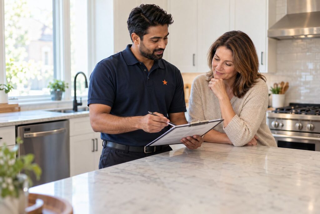Appliance Repair Service in Toronto & GTA 42 Technician going over a written repair estimate with a homeowner at a kitchen island