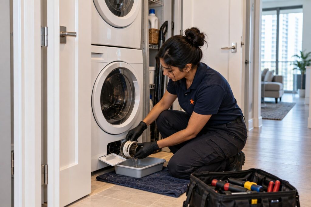 Technician servicing a stacked compact washer and dryer in a Toronto condo laundry closet