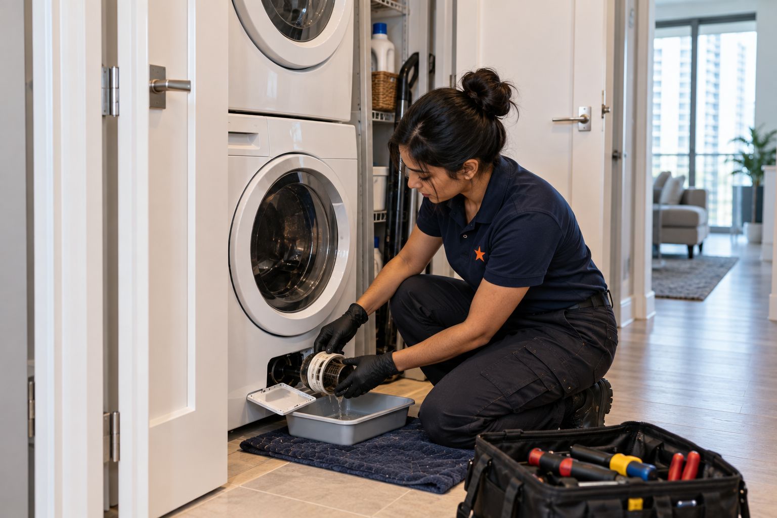 Technician servicing a stacked compact washer and dryer in a Toronto condo laundry closet