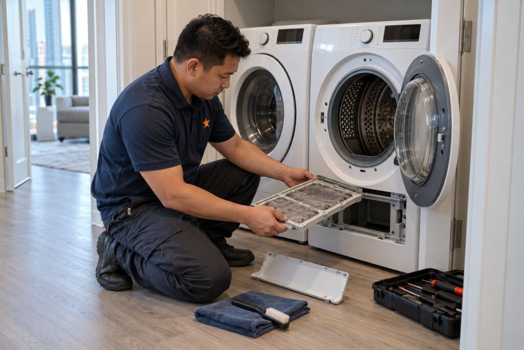 Technician checking the condenser filter of a compact heat-pump dryer in a Toronto condo laundry closet