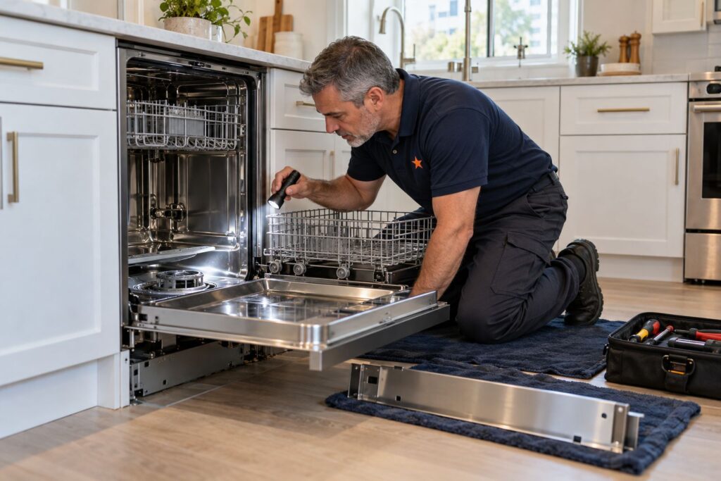 Technician checking the base and drain of a stainless built-in dishwasher in a Toronto kitchen