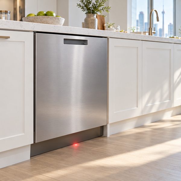 Bosch Dishwasher Repair in Toronto & GTA 83 Stainless built-in dishwasher running with a red status light shining on the floor