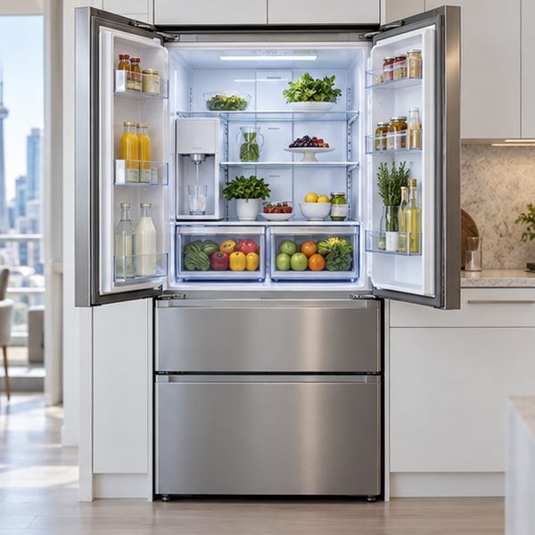 Bosch Refrigerator Repair in Toronto & GTA 82 Open French-door refrigerator with a water dispenser on the inside left wall and clear crisper drawers