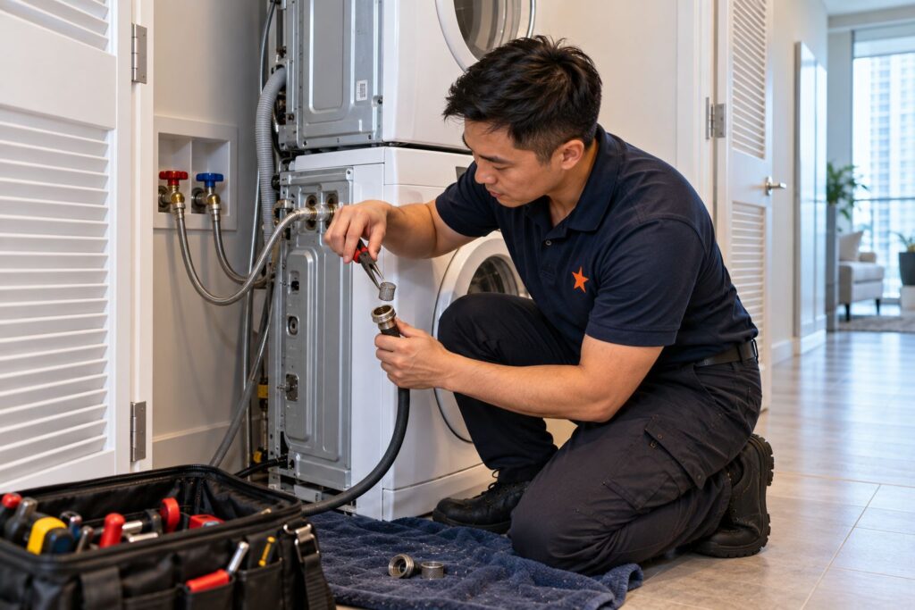 Washing Repair 98 Technician cleaning the inlet filter screen of a stacked compact washer in a Toronto condo laundry closet