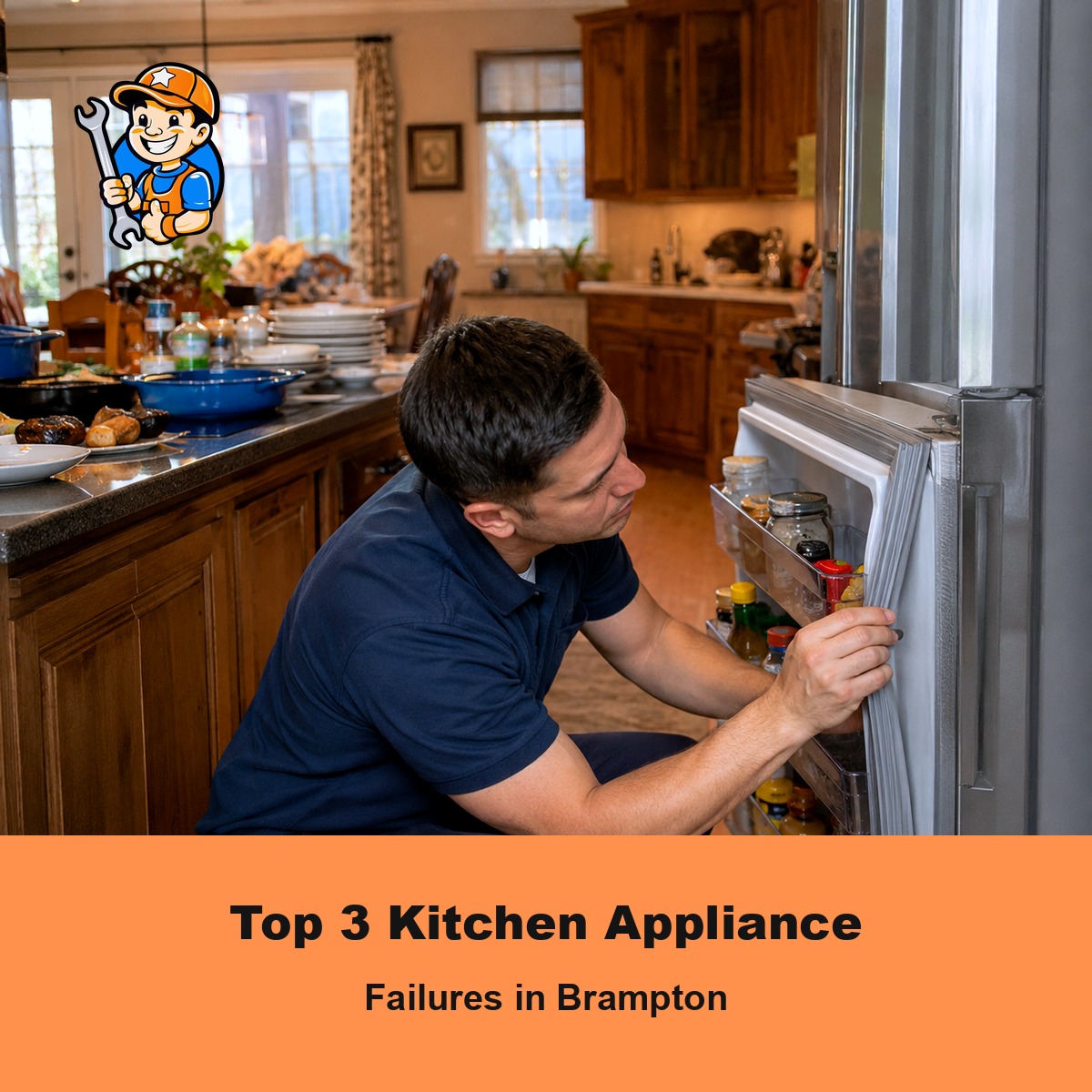 Top 3 Kitchen Appliance Failures in Brampton 1 Technician repairing a kitchen appliance in a Brampton home