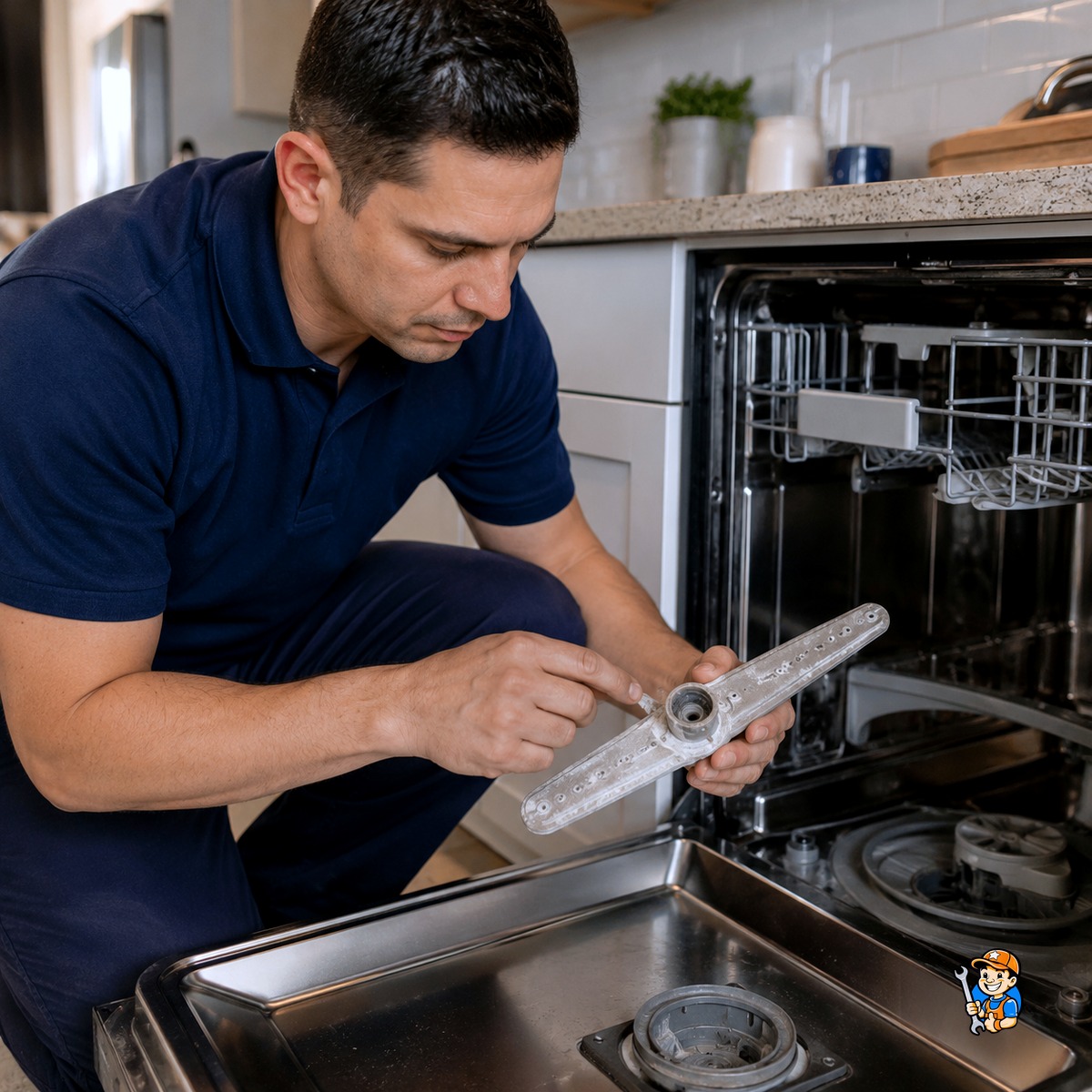 Top 3 Kitchen Appliance Failures in Brampton 3 Technician examining a dishwasher spray arm for mineral buildup