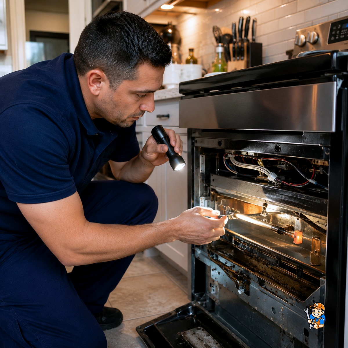 Top 3 Kitchen Appliance Failures in Brampton 4 Technician inspecting a stove igniter and heating element