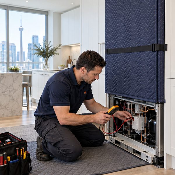 Technician testing the machine compartment of a panel-ready column refrigerator slid forward onto a protective mat