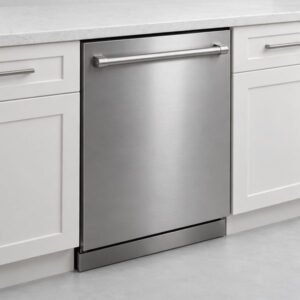 Stainless built-in dishwasher under a white quartz countertop