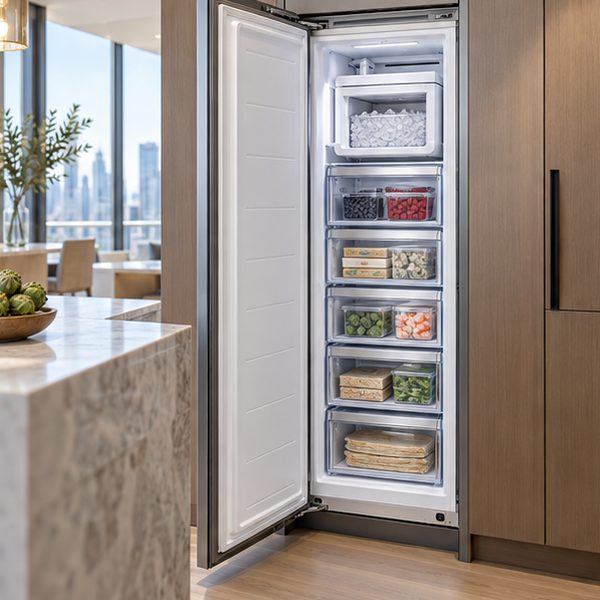 Miele Refrigerator Repair in Toronto & GTA 82 Open built-in freezer column with clear drawers and an ice maker at the top