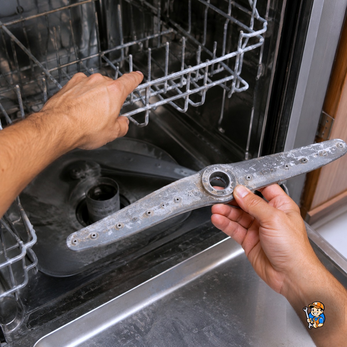 Appliance Breakdowns We Frequently See in Burlington 2 Technician inspecting a dishwasher for hard water mineral buildup