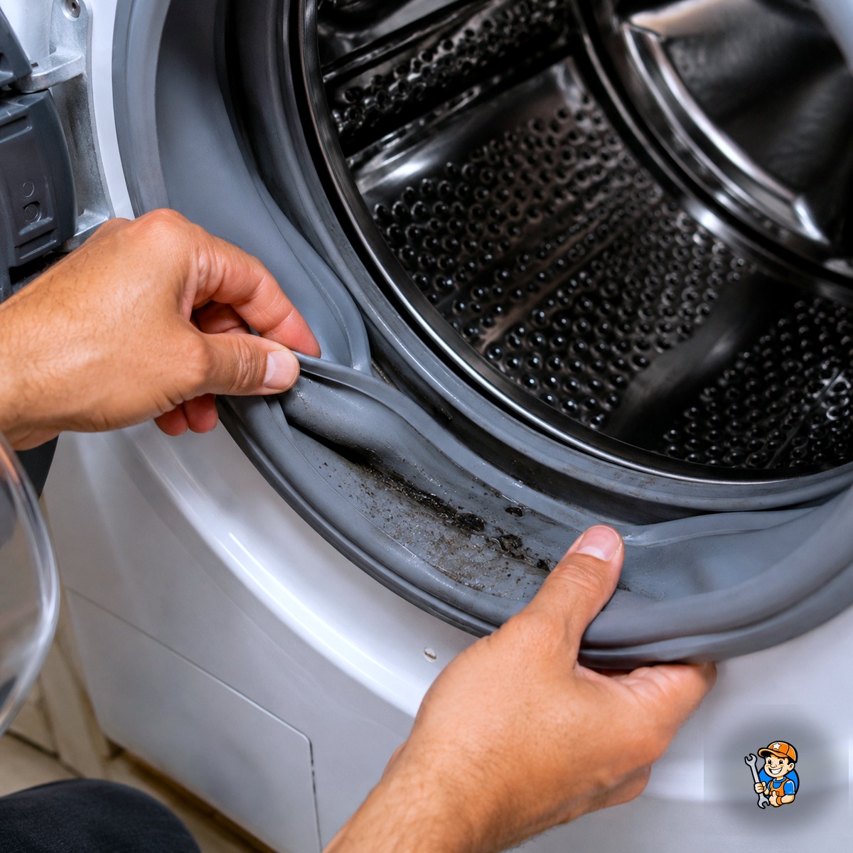 Appliance Breakdowns We Frequently See in Burlington 3 Technician inspecting a washer door seal for humidity-related wear