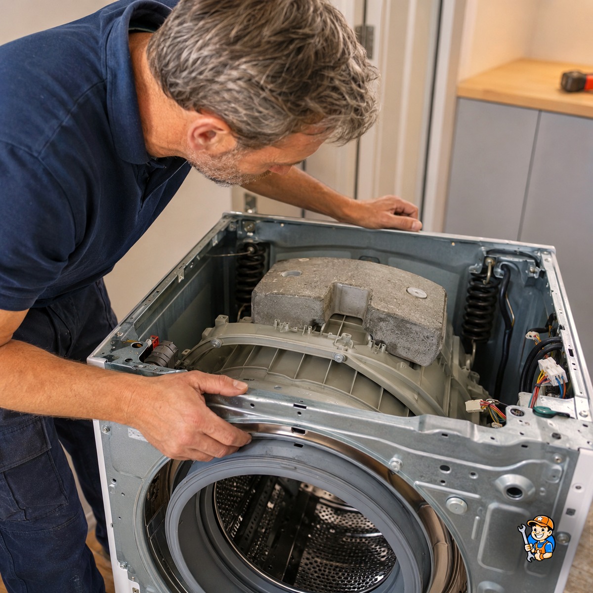 How Burlington Homeowners Can Extend Appliance Life 2 Technician inspecting a washing machine drum and suspension