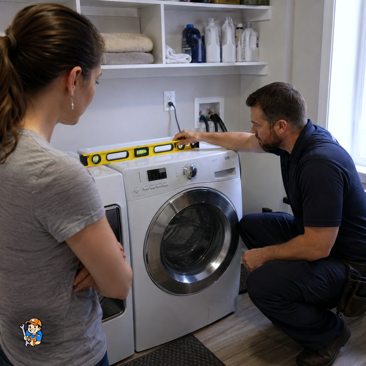 How Burlington Homeowners Can Extend Appliance Life 3 Technician checking a washing machine level with a spirit level