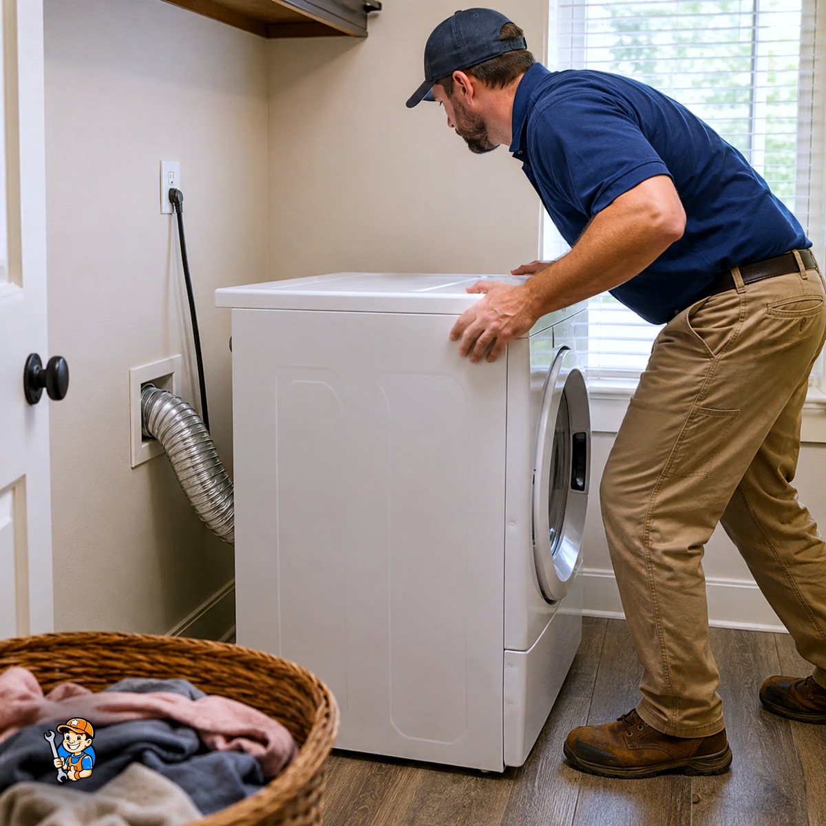 How Burlington Homeowners Can Extend Appliance Life 4 Technician checking dryer clearance and transition duct behind the machine