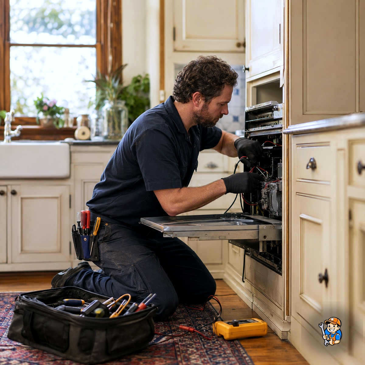 Technician working on an appliance in an older character home