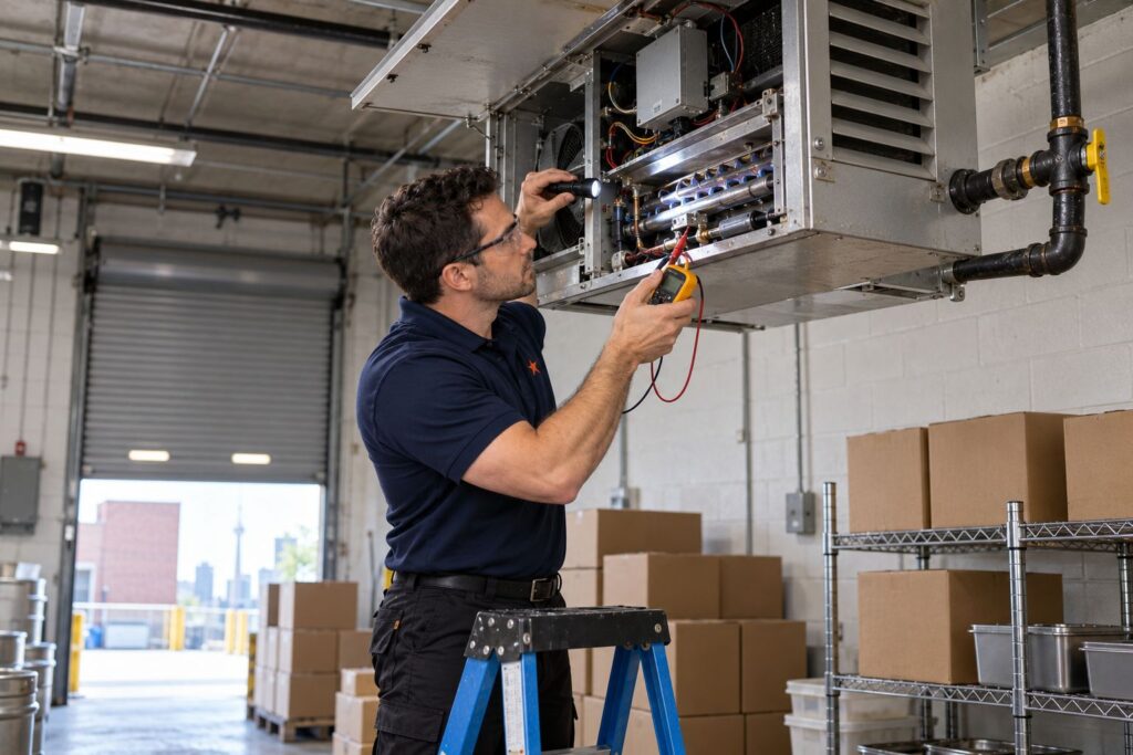 Commercial Refrigeration & HVAC Service 6 Technician checking the burner and igniter of a gas-fired unit heater in a restaurant storage area