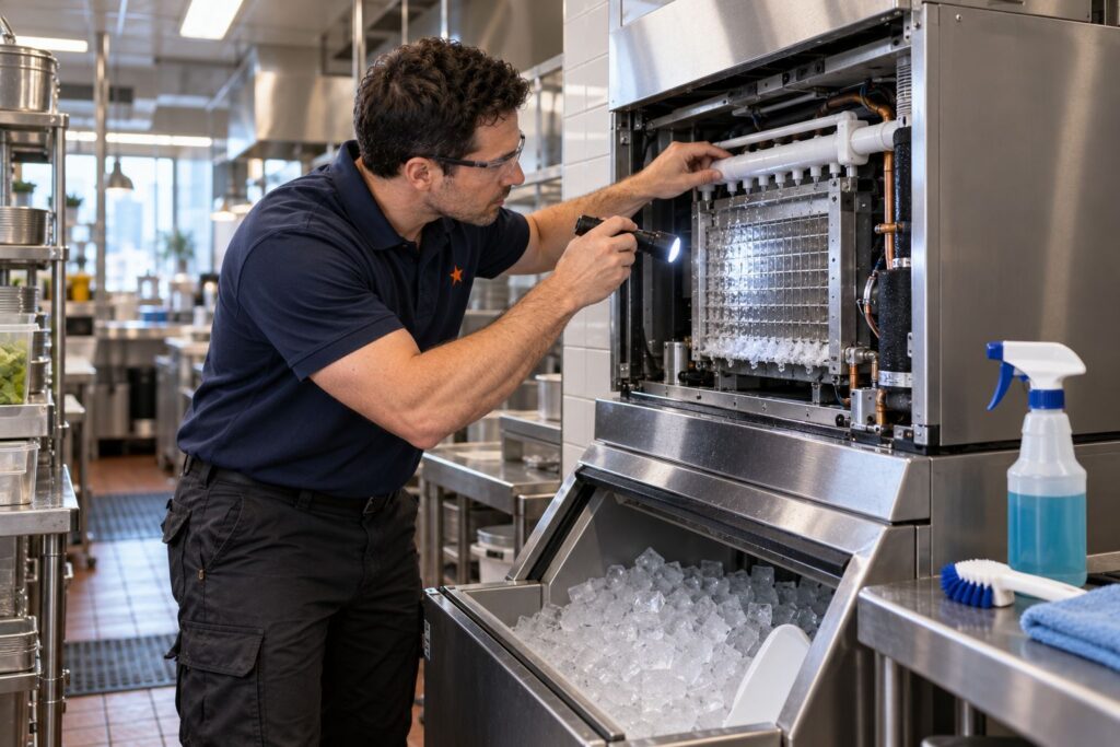 Commercial Refrigeration & HVAC Service 4 Technician inspecting the evaporator of a commercial ice machine with a flashlight in a restaurant back-of-house