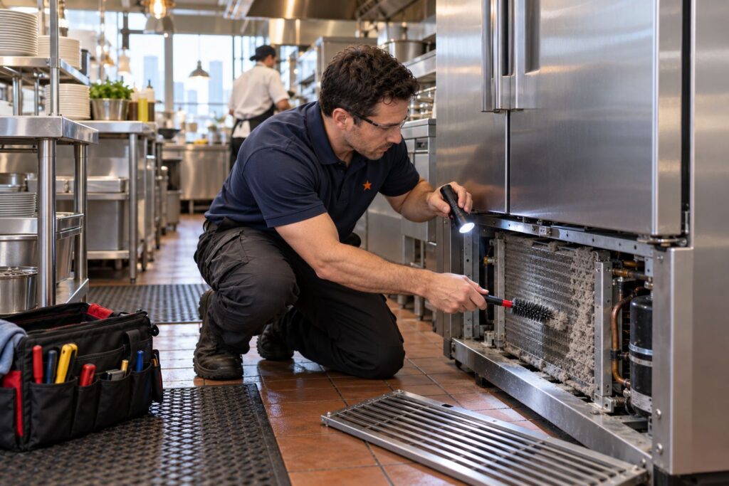 Commercial Refrigeration & HVAC Service 3 Technician cleaning the condenser coil of a stainless-steel reach-in refrigerator on a Toronto restaurant cook line