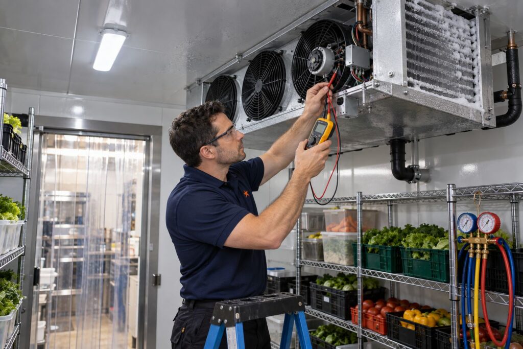 Commercial Refrigeration & HVAC Service 1 Technician testing the evaporator fan motor of a walk-in cooler with a multimeter in a Toronto restaurant