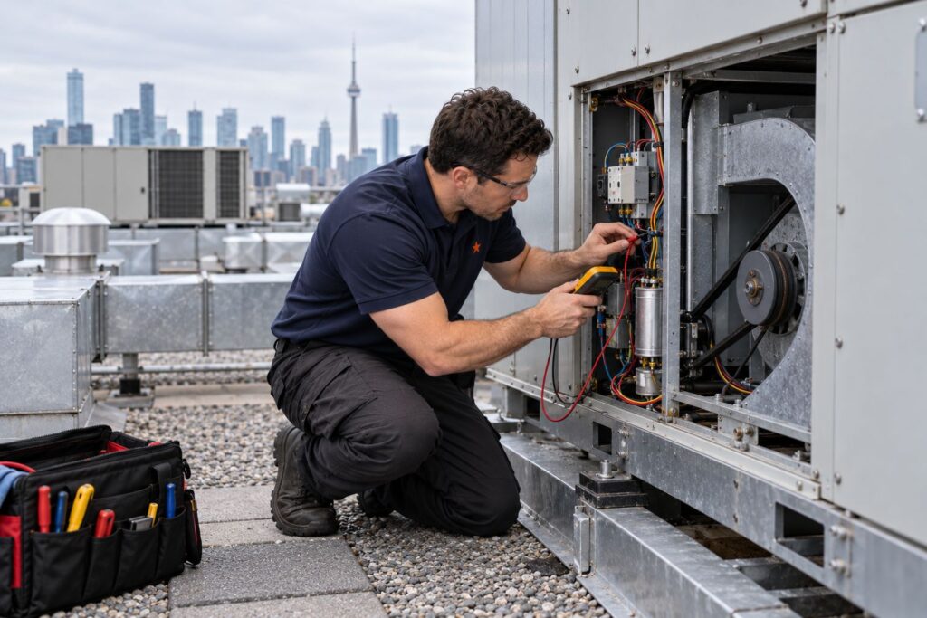 Commercial Refrigeration & HVAC Service 5 Technician testing a capacitor in a rooftop HVAC unit on a Toronto commercial roof