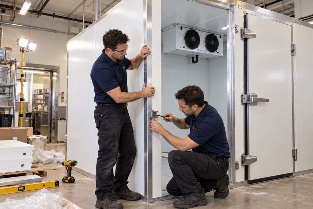 Commercial Refrigeration & HVAC Service 7 Two technicians installing the insulated panels of a new walk-in cooler in a Toronto restaurant