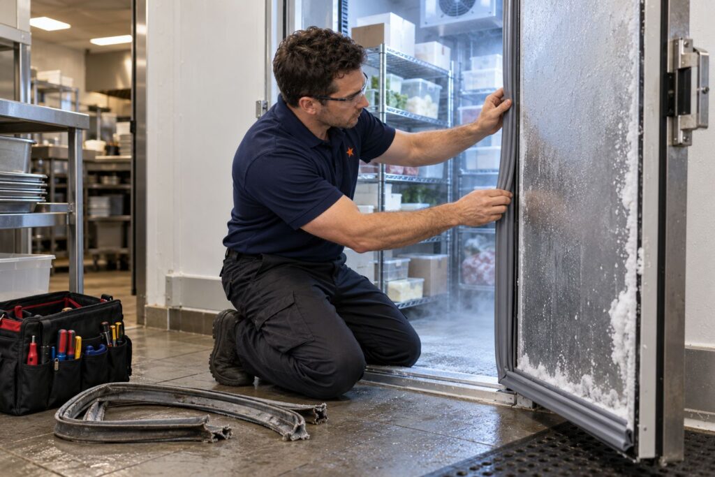 Commercial Refrigeration & HVAC Service 2 Technician fitting a new door gasket on a frosted walk-in freezer door in a Toronto restaurant