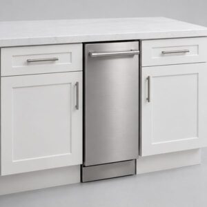Narrow 18-inch stainless dishwasher between white base cabinets