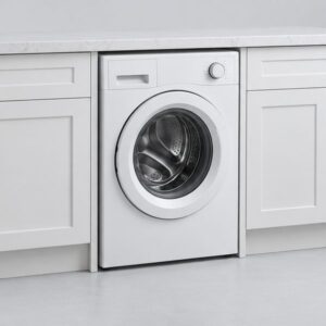 Washing Repair 98 Compact 24-inch front-load washer installed under a countertop in a condo laundry closet
