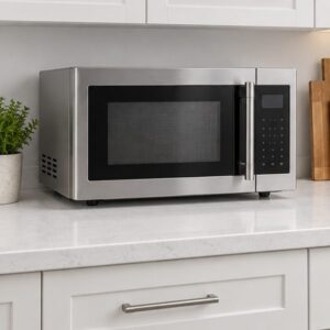 Stainless countertop microwave on a white quartz countertop