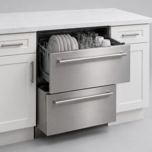 Double dish-drawer dishwasher with the top drawer open, showing plates and glasses