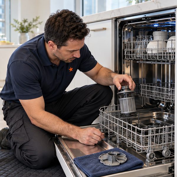 Thermador Dishwasher Repair in Toronto & GTA 81 Technician lifting the filter out of a built-in dishwasher tub beside the drain pump cover