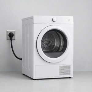 Dryer repair 96 White electric dryer with its heavy-duty power cord plugged into a dryer outlet