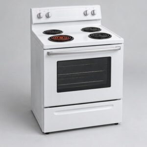 White electric coil range with one burner glowing red
