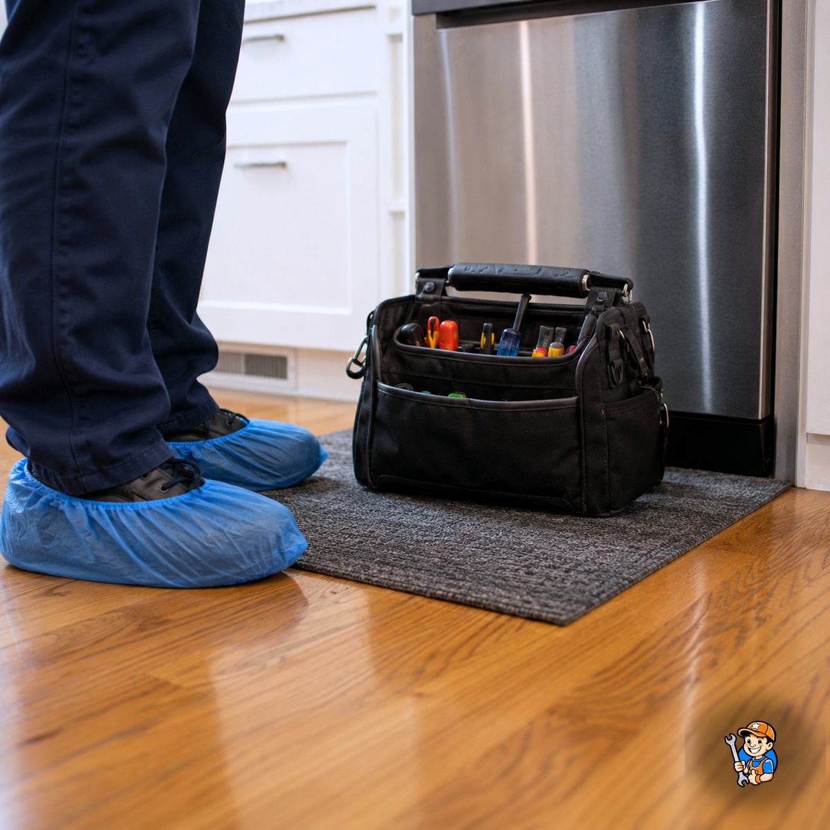 Fast, Friendly, and Local: Appliance Repair Services in Etobicoke 3 Technician using shoe covers and a mat while working in a kitchen