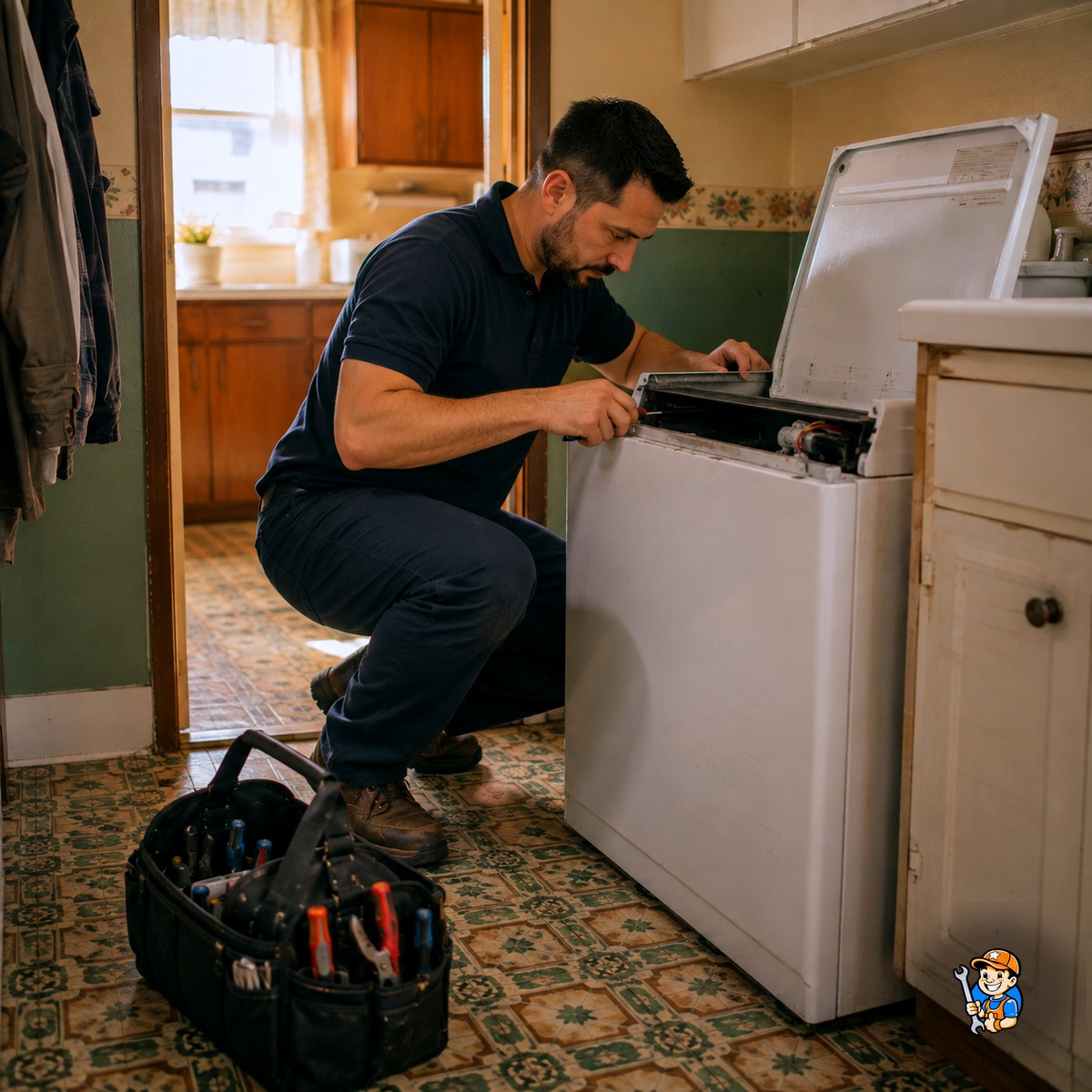 Appliance Repair Etobicoke – Trusted Experts, Fast Service 4 Technician working on an appliance in an older Etobicoke bungalow