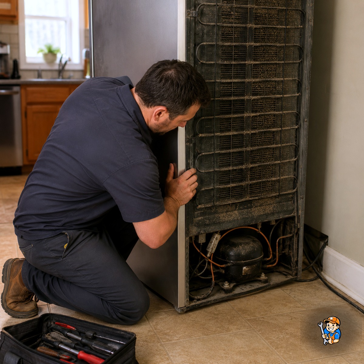 Top 3 Appliances That Break Down Most in Etobicoke Homes 2 Technician inspecting a refrigerator compressor and condenser coils