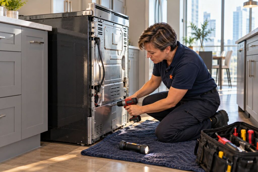 Technician removing the lower rear access panel of a freestanding range in a Toronto kitchen