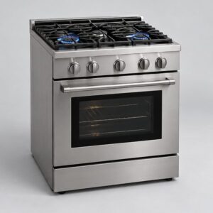 Stainless gas range with cast-iron grates and blue flames on two burners