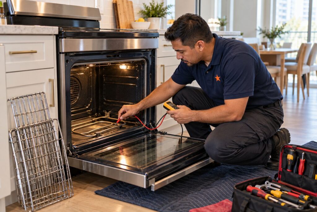 GE Appliance Repair in Toronto 82 Technician testing the bake element of a stainless range in a Toronto kitchen