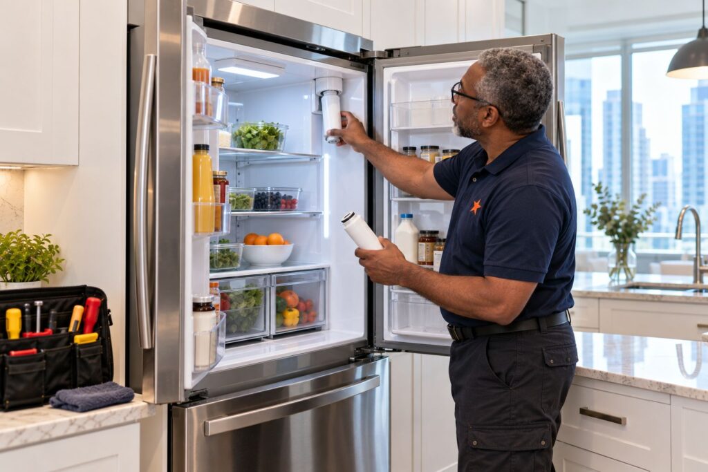 GE Appliance Repair in Toronto 81 Technician replacing the water filter inside a French-door refrigerator in a Toronto kitchen